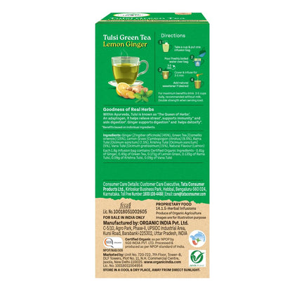 Organic India Tulsi Green Tea, Lemon Ginger I Tea Bags - 25 Nos