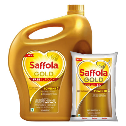 Saffola Gold Refined Cooking Oil - 5L Jar + Free 1L Pouch