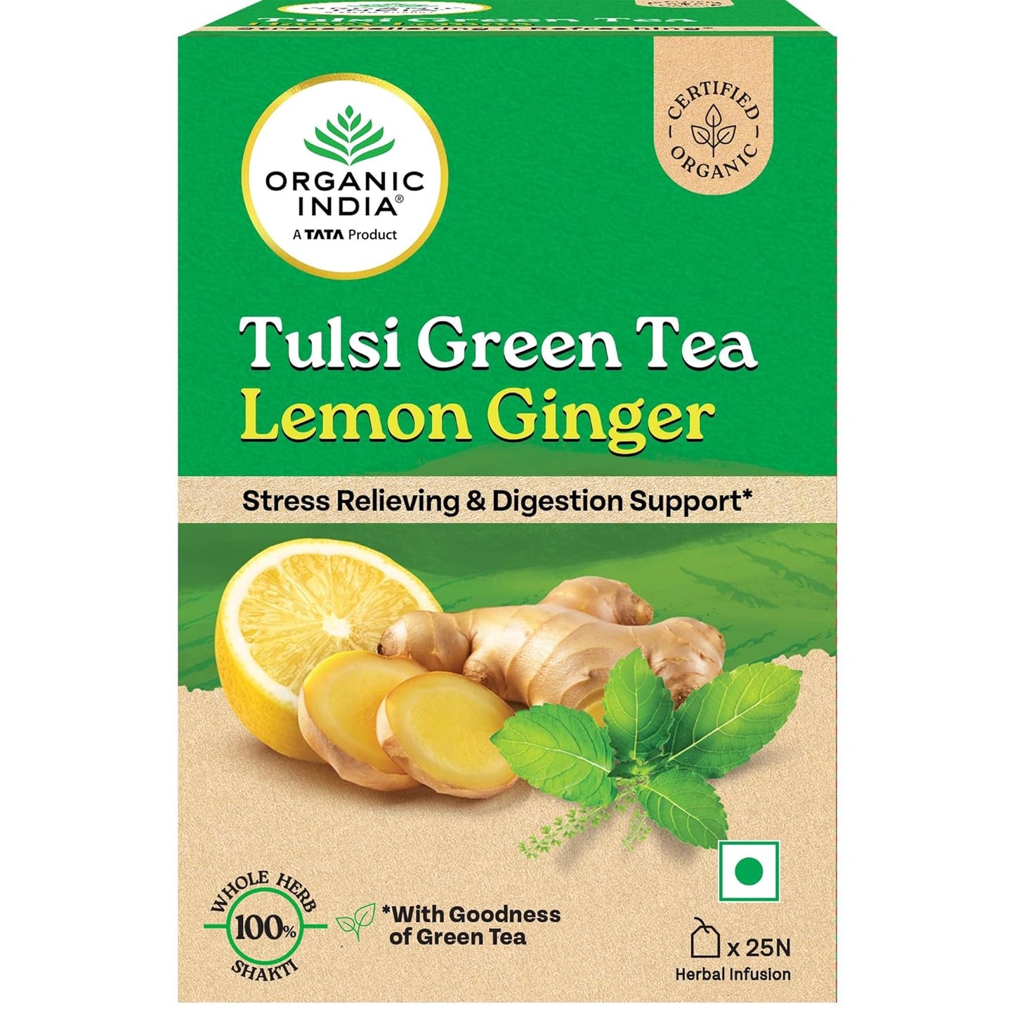 Organic India Tulsi Green Tea, Lemon Ginger I Tea Bags - 25 Nos