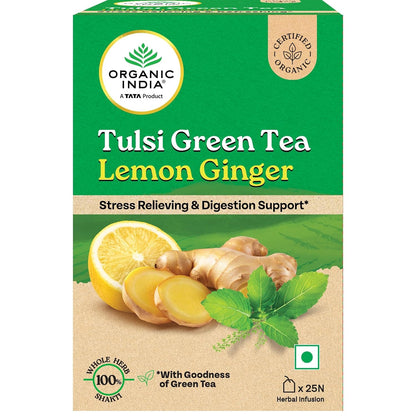 Organic India Tulsi Green Tea, Lemon Ginger I Tea Bags - 25 Nos